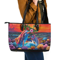 Hawaiian Lei Day Leather Tote Bag Dolphins with Colorful Corals and Romantic Sunset LT03 - Polynesian Pride