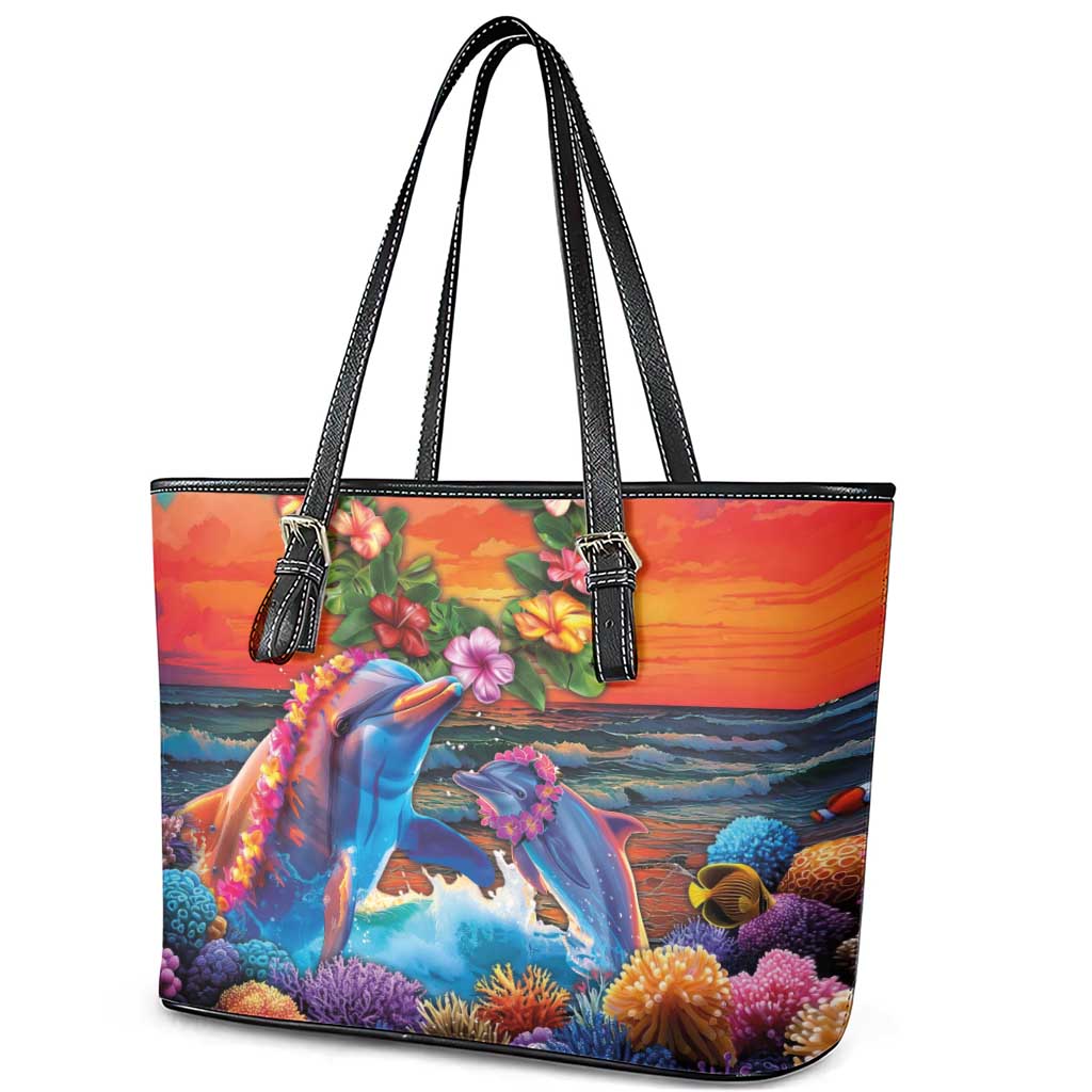 Hawaiian Lei Day Leather Tote Bag Dolphins with Colorful Corals and Romantic Sunset LT03 - Polynesian Pride