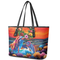 Hawaiian Lei Day Leather Tote Bag Dolphins with Colorful Corals and Romantic Sunset LT03 - Polynesian Pride