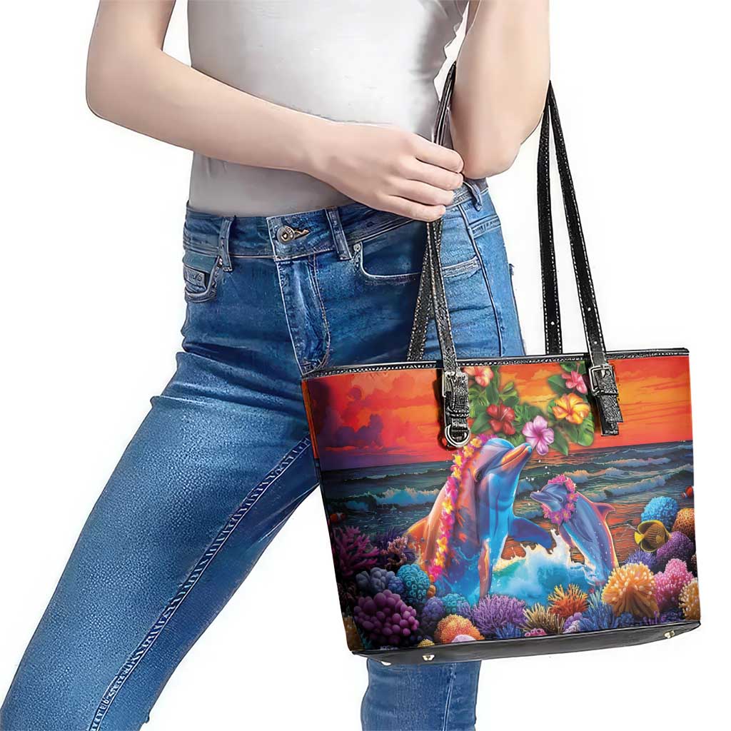 Hawaiian Lei Day Leather Tote Bag Dolphins with Colorful Corals and Romantic Sunset LT03 - Polynesian Pride