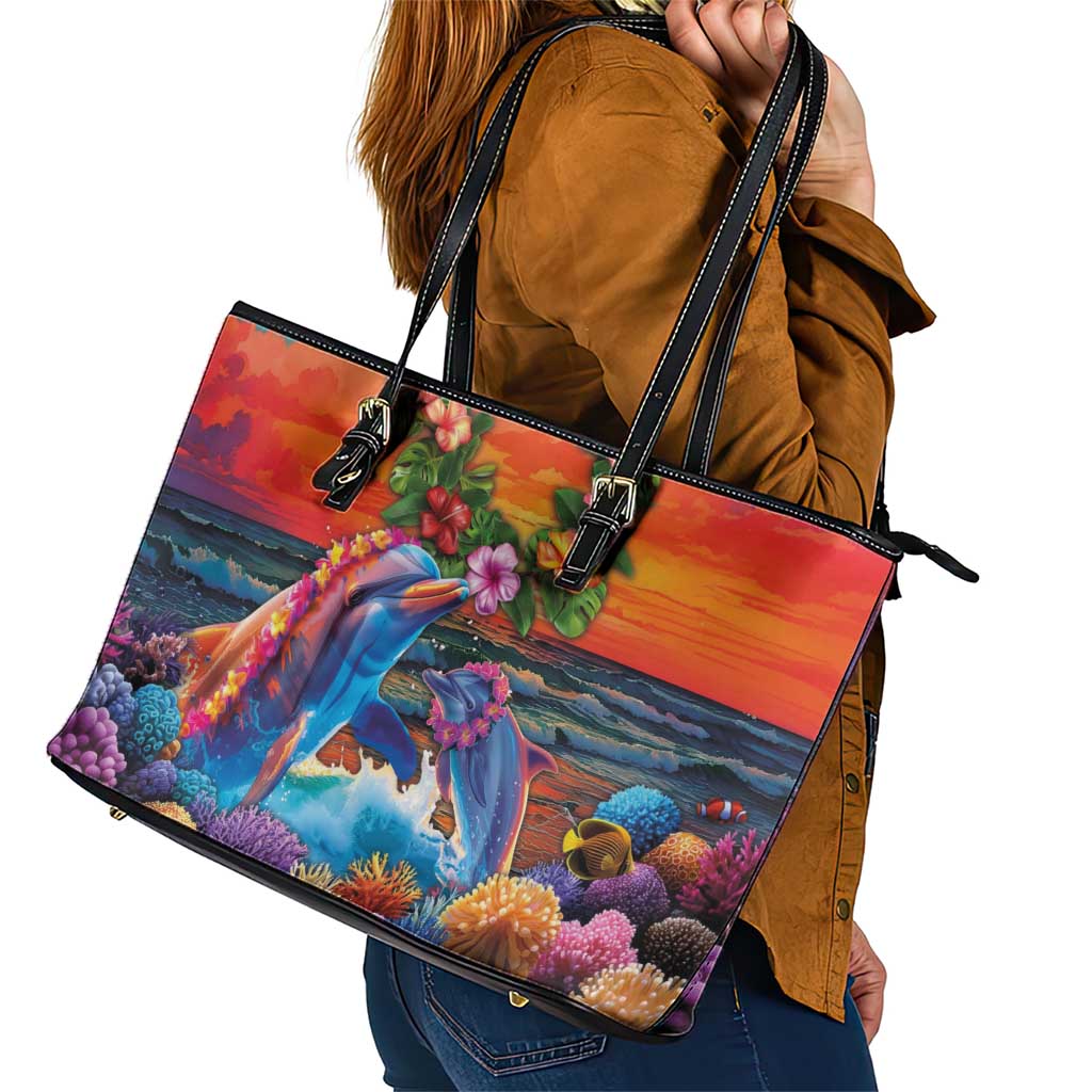 Hawaiian Lei Day Leather Tote Bag Dolphins with Colorful Corals and Romantic Sunset LT03 - Polynesian Pride
