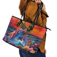 Hawaiian Lei Day Leather Tote Bag Dolphins with Colorful Corals and Romantic Sunset LT03 - Polynesian Pride