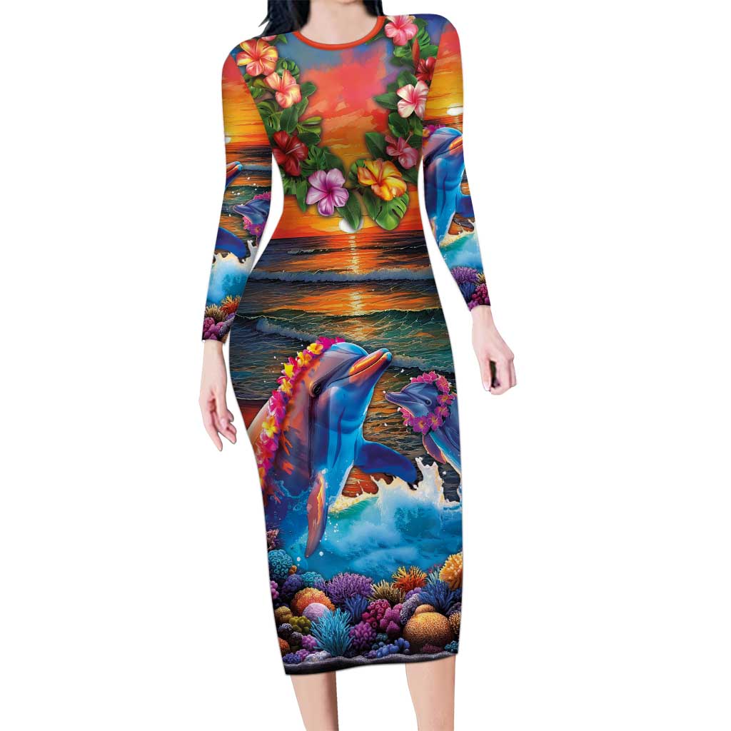 Hawaiian Lei Day Long Sleeve Bodycon Dress Dolphins with Colorful Corals and Romantic Sunset LT03 Long Dress Orange - Polynesian Pride