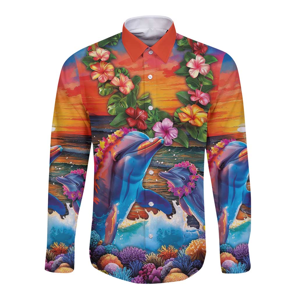 Hawaiian Lei Day Long Sleeve Button Shirt Dolphins with Colorful Corals and Romantic Sunset LT03 Unisex Orange - Polynesian Pride