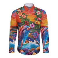 Hawaiian Lei Day Long Sleeve Button Shirt Dolphins with Colorful Corals and Romantic Sunset LT03 Unisex Orange - Polynesian Pride