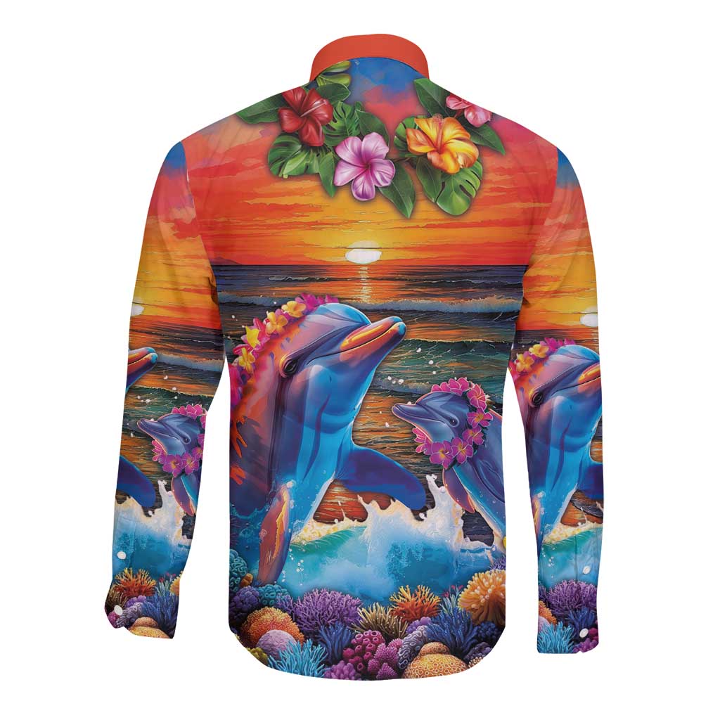 Hawaiian Lei Day Long Sleeve Button Shirt Dolphins with Colorful Corals and Romantic Sunset LT03 - Polynesian Pride