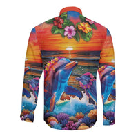 Hawaiian Lei Day Long Sleeve Button Shirt Dolphins with Colorful Corals and Romantic Sunset LT03 - Polynesian Pride