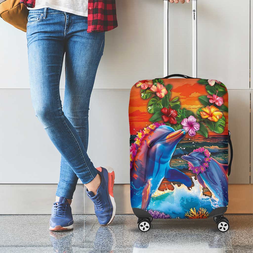 Hawaiian Lei Day Luggage Cover Dolphins with Colorful Corals and Romantic Sunset LT03 - Polynesian Pride