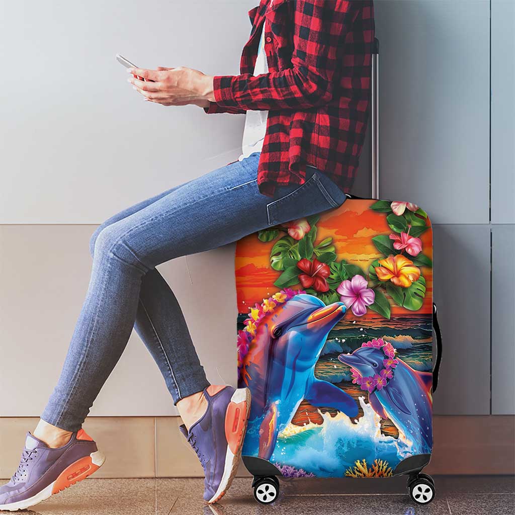 Hawaiian Lei Day Luggage Cover Dolphins with Colorful Corals and Romantic Sunset LT03 - Polynesian Pride