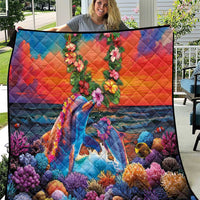 Hawaiian Lei Day Quilt Dolphins with Colorful Corals and Romantic Sunset LT03 Orange - Polynesian Pride