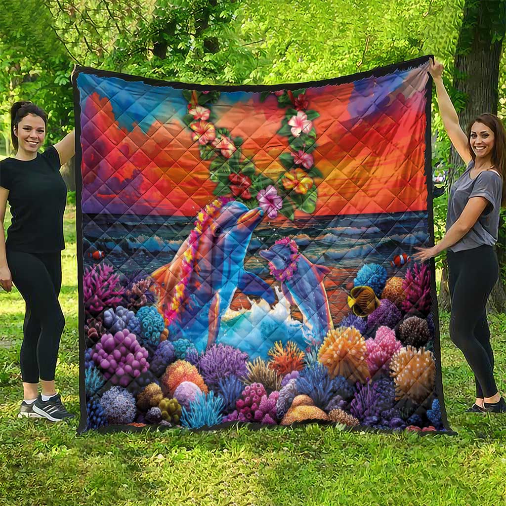Hawaiian Lei Day Quilt Dolphins with Colorful Corals and Romantic Sunset LT03 - Polynesian Pride
