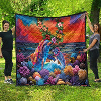 Hawaiian Lei Day Quilt Dolphins with Colorful Corals and Romantic Sunset LT03 - Polynesian Pride