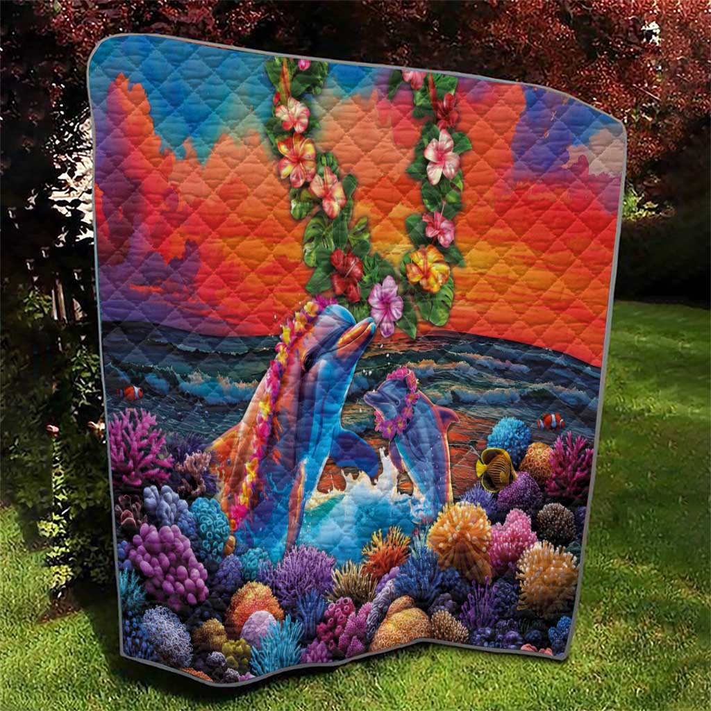 Hawaiian Lei Day Quilt Dolphins with Colorful Corals and Romantic Sunset LT03 - Polynesian Pride