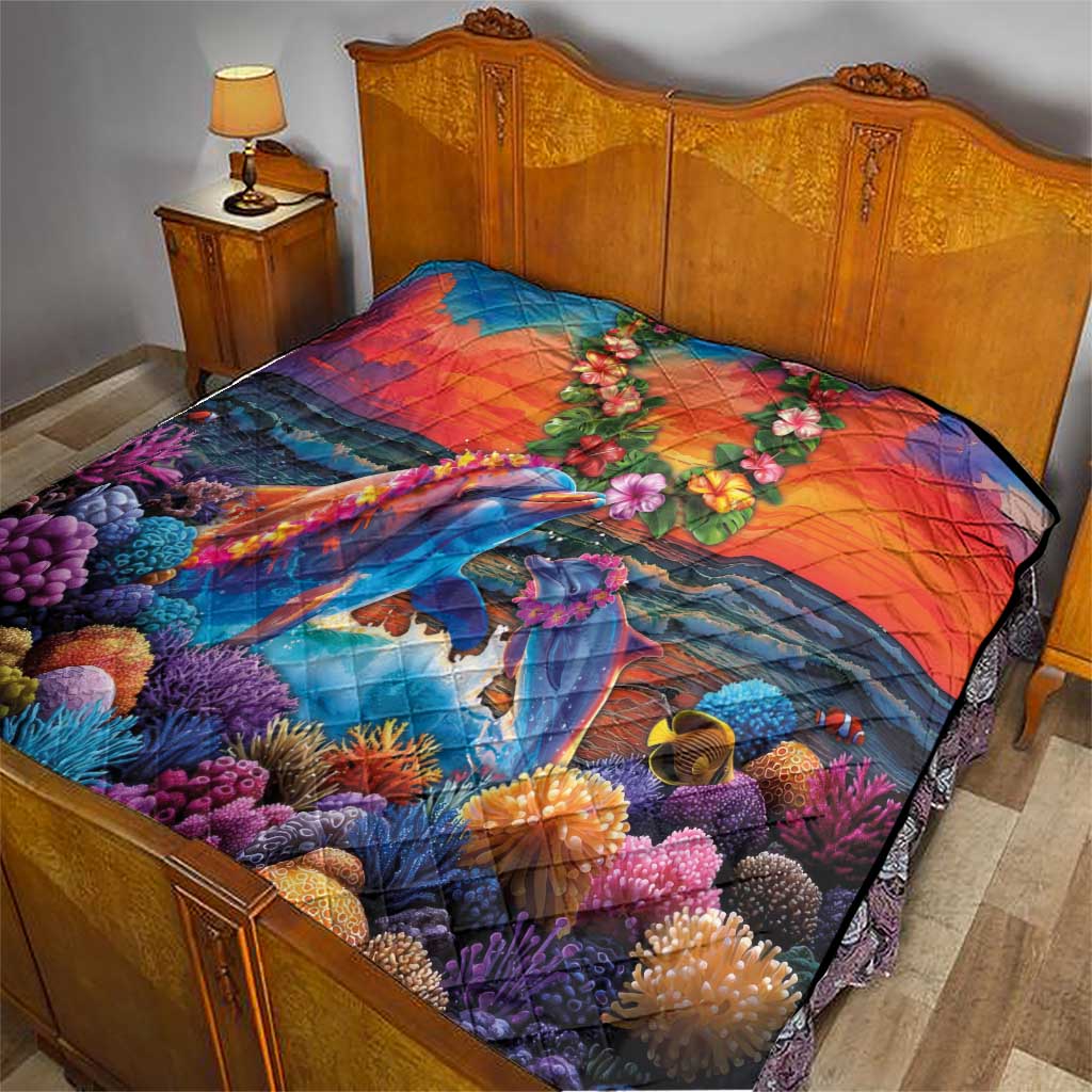 Hawaiian Lei Day Quilt Dolphins with Colorful Corals and Romantic Sunset LT03 - Polynesian Pride