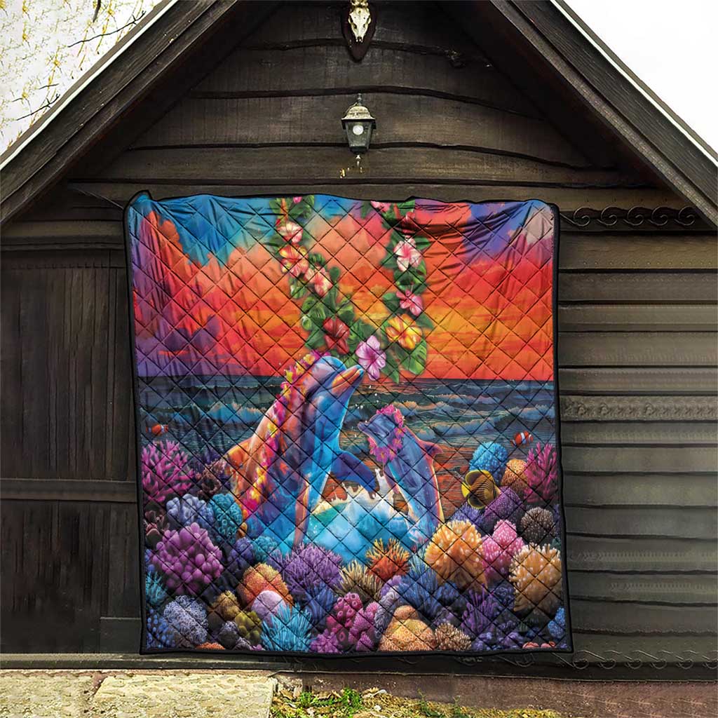 Hawaiian Lei Day Quilt Dolphins with Colorful Corals and Romantic Sunset LT03 - Polynesian Pride