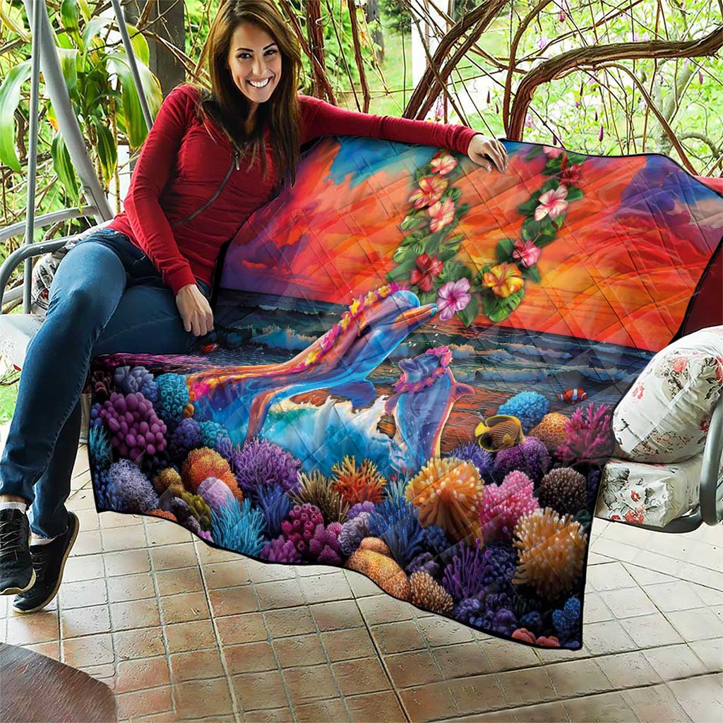 Hawaiian Lei Day Quilt Dolphins with Colorful Corals and Romantic Sunset LT03 - Polynesian Pride
