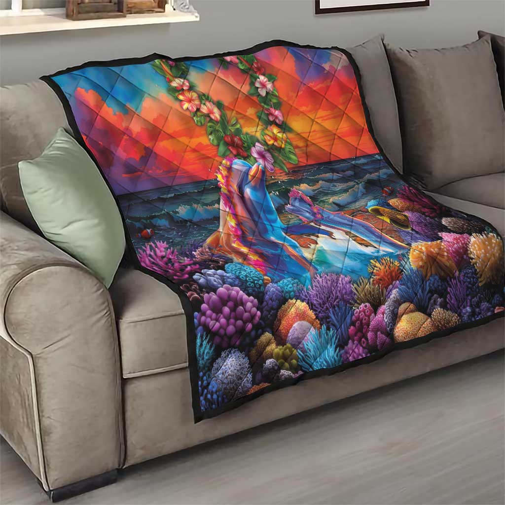 Hawaiian Lei Day Quilt Dolphins with Colorful Corals and Romantic Sunset LT03 - Polynesian Pride