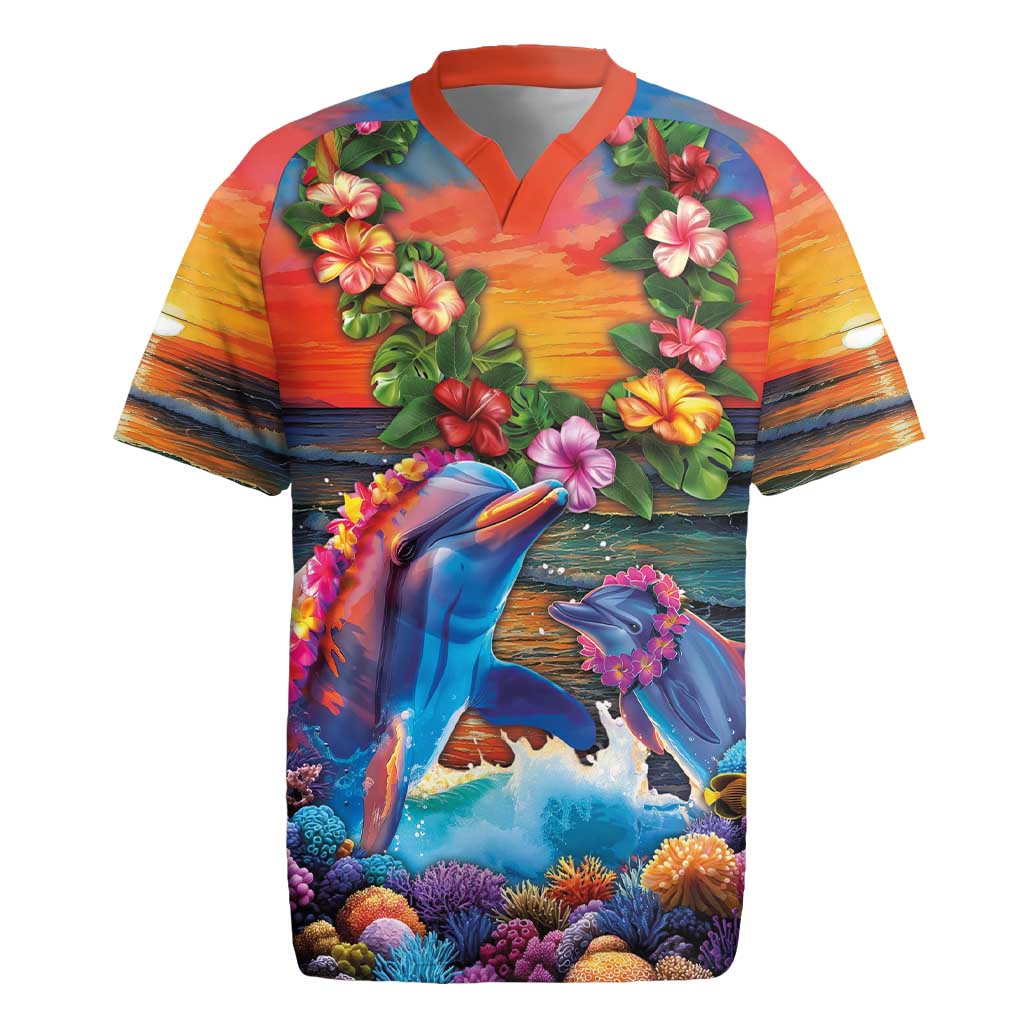 Hawaiian Lei Day Rugby Jersey Dolphins with Colorful Corals and Romantic Sunset LT03 Orange - Polynesian Pride