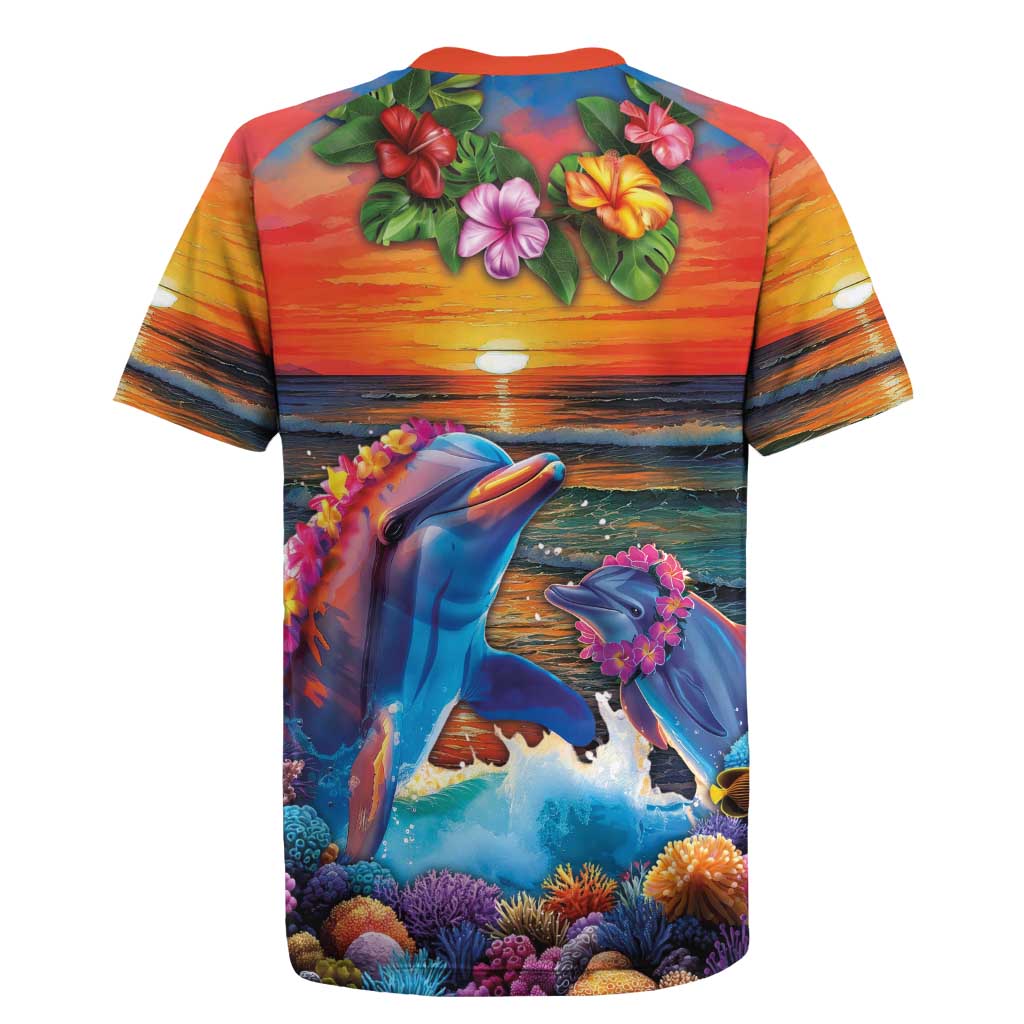 Hawaiian Lei Day Rugby Jersey Dolphins with Colorful Corals and Romantic Sunset LT03 - Polynesian Pride