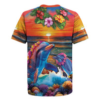 Hawaiian Lei Day Rugby Jersey Dolphins with Colorful Corals and Romantic Sunset LT03 - Polynesian Pride