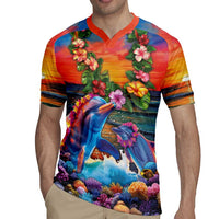 Hawaiian Lei Day Rugby Jersey Dolphins with Colorful Corals and Romantic Sunset LT03 - Polynesian Pride