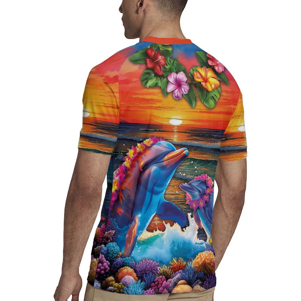 Hawaiian Lei Day Rugby Jersey Dolphins with Colorful Corals and Romantic Sunset LT03 - Polynesian Pride
