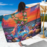 Hawaiian Lei Day Sarong Dolphins with Colorful Corals and Romantic Sunset LT03 One Size 44 x 66 inches Orange - Polynesian Pride