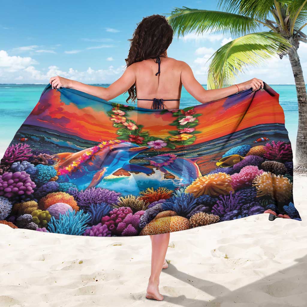 Hawaiian Lei Day Sarong Dolphins with Colorful Corals and Romantic Sunset LT03 - Polynesian Pride