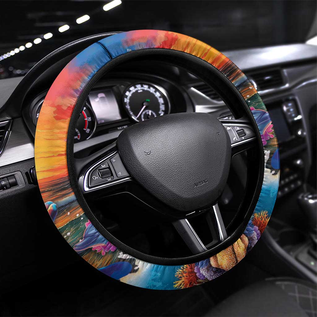 Hawaiian Lei Day Steering Wheel Cover Dolphins with Colorful Corals and Romantic Sunset LT03 Universal Fit Orange - Polynesian Pride