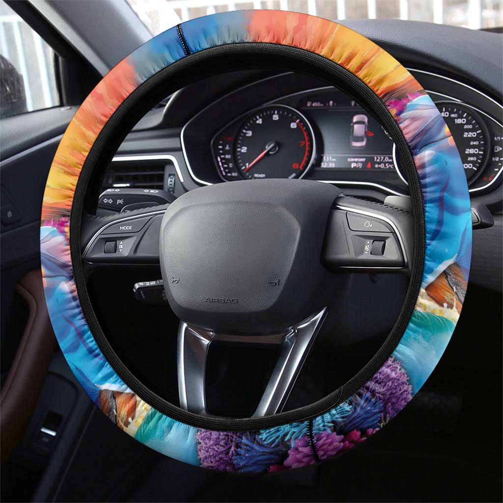 Hawaiian Lei Day Steering Wheel Cover Dolphins with Colorful Corals and Romantic Sunset LT03 - Polynesian Pride