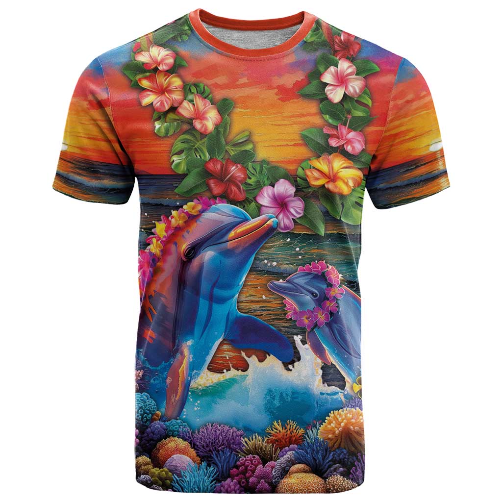 Hawaiian Lei Day T Shirt Dolphins with Colorful Corals and Romantic Sunset LT03 Orange - Polynesian Pride