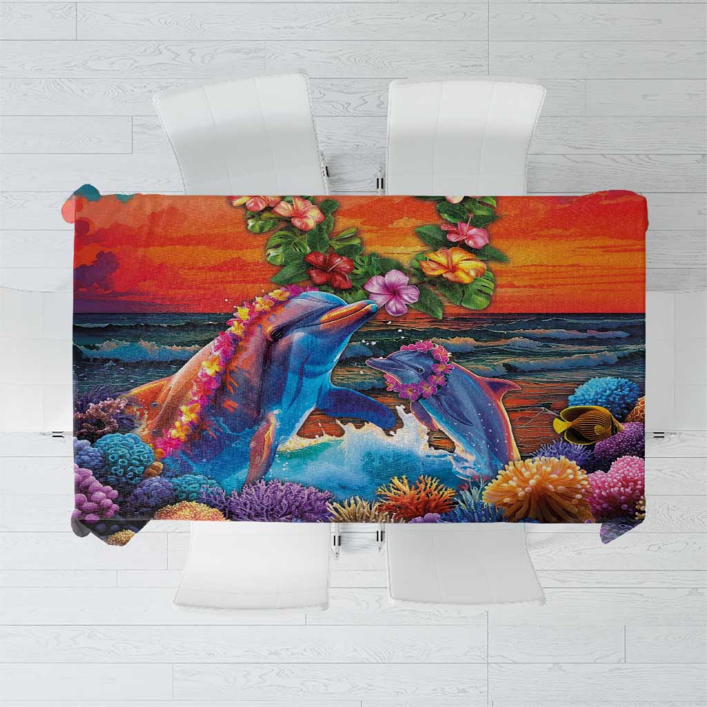 Hawaiian Lei Day Tablecloth Dolphins with Colorful Corals and Romantic Sunset