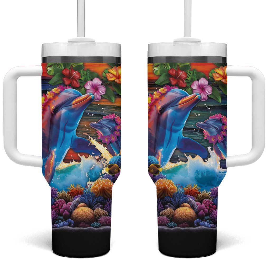 Hawaiian Lei Day Tumbler With Handle Dolphins with Colorful Corals and Romantic Sunset LT03 One Size: 40 oz Orange - Polynesian Pride