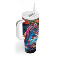 Hawaiian Lei Day Tumbler With Handle Dolphins with Colorful Corals and Romantic Sunset LT03 - Polynesian Pride
