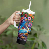 Hawaiian Lei Day Tumbler With Handle Dolphins with Colorful Corals and Romantic Sunset LT03 - Polynesian Pride