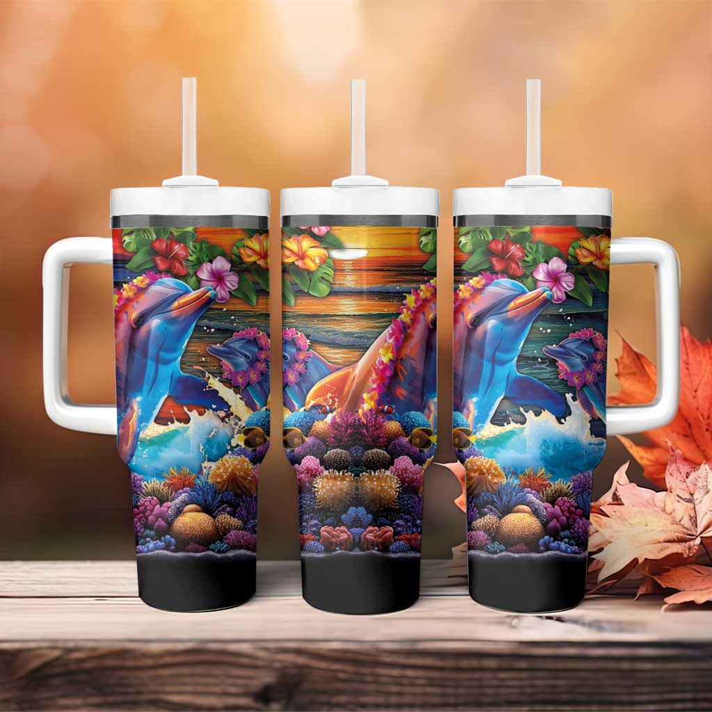 Hawaiian Lei Day Tumbler With Handle Dolphins with Colorful Corals and Romantic Sunset LT03 - Polynesian Pride