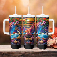 Hawaiian Lei Day Tumbler With Handle Dolphins with Colorful Corals and Romantic Sunset LT03 - Polynesian Pride