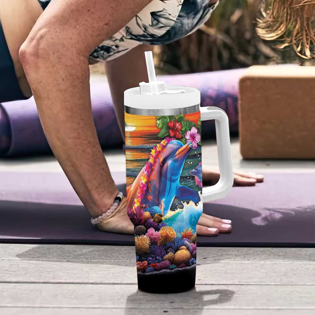 Hawaiian Lei Day Tumbler With Handle Dolphins with Colorful Corals and Romantic Sunset LT03 - Polynesian Pride