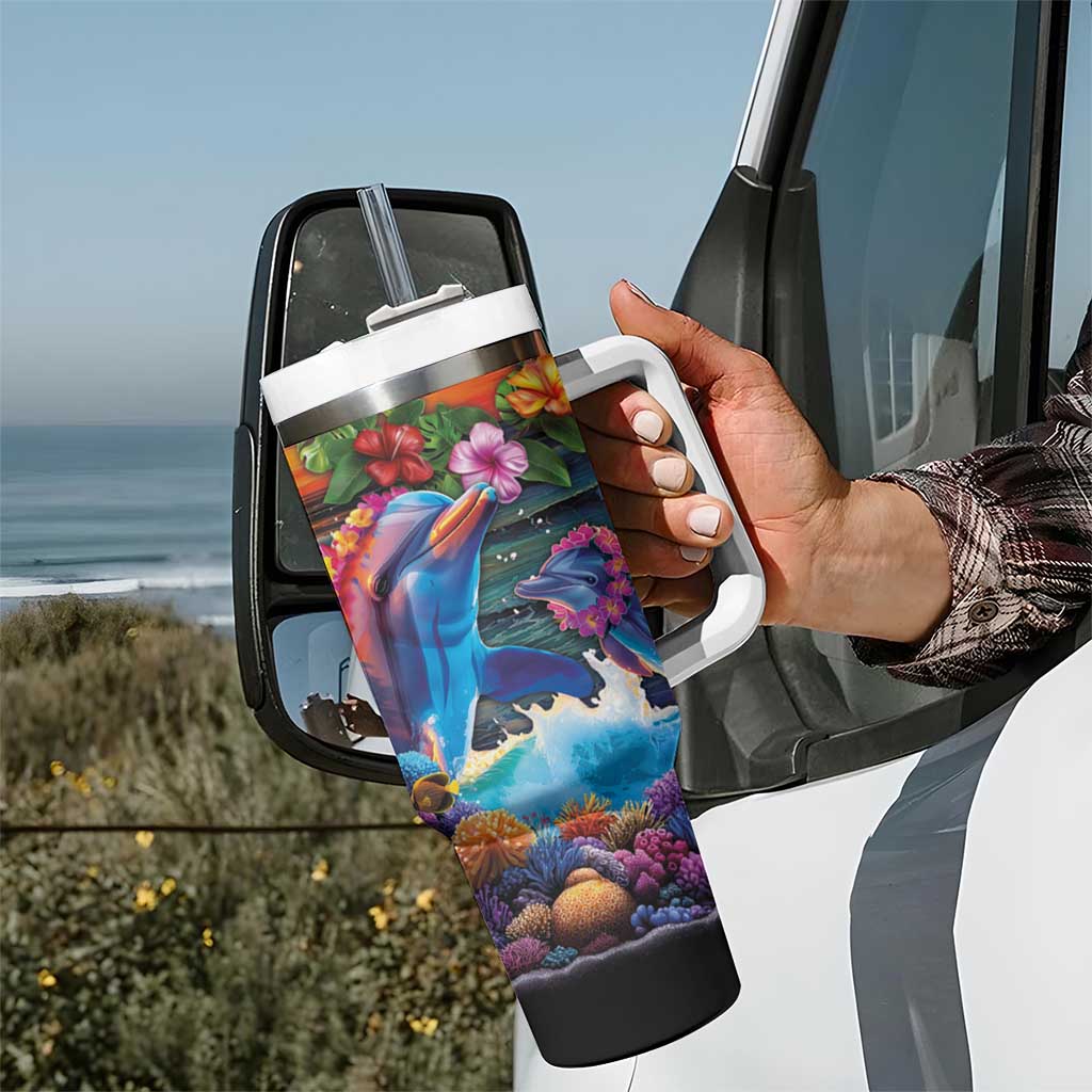Hawaiian Lei Day Tumbler With Handle Dolphins with Colorful Corals and Romantic Sunset LT03 - Polynesian Pride