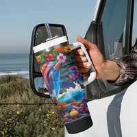 Hawaiian Lei Day Tumbler With Handle Dolphins with Colorful Corals and Romantic Sunset LT03 - Polynesian Pride
