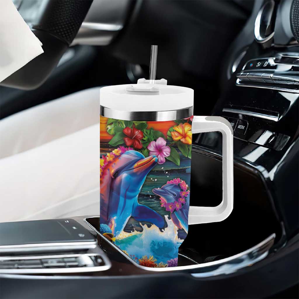 Hawaiian Lei Day Tumbler With Handle Dolphins with Colorful Corals and Romantic Sunset LT03 - Polynesian Pride