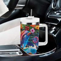 Hawaiian Lei Day Tumbler With Handle Dolphins with Colorful Corals and Romantic Sunset LT03 - Polynesian Pride