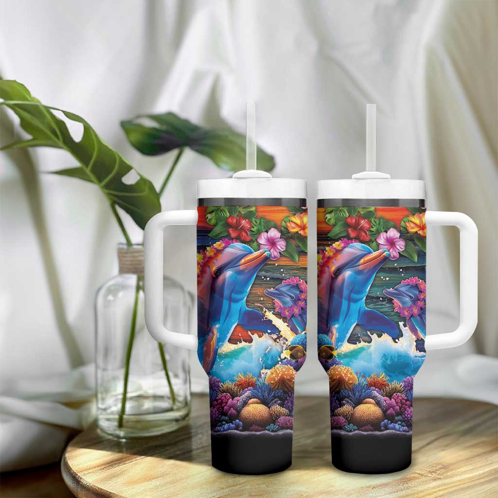 Hawaiian Lei Day Tumbler With Handle Dolphins with Colorful Corals and Romantic Sunset LT03 - Polynesian Pride