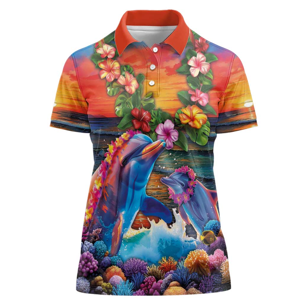 Hawaiian Lei Day Women Polo Shirt Dolphins with Colorful Corals and Romantic Sunset