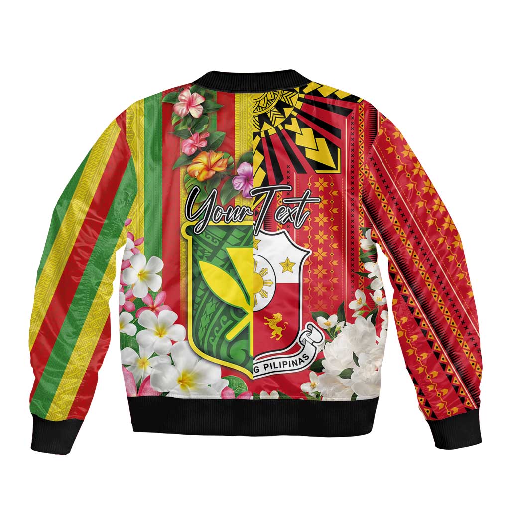 Personalised Hawaii and Philippines Together Bomber Jacket The Emblems with Cultural Symbols Green-Yellow-Red Tricolor LT03 - Polynesian Pride