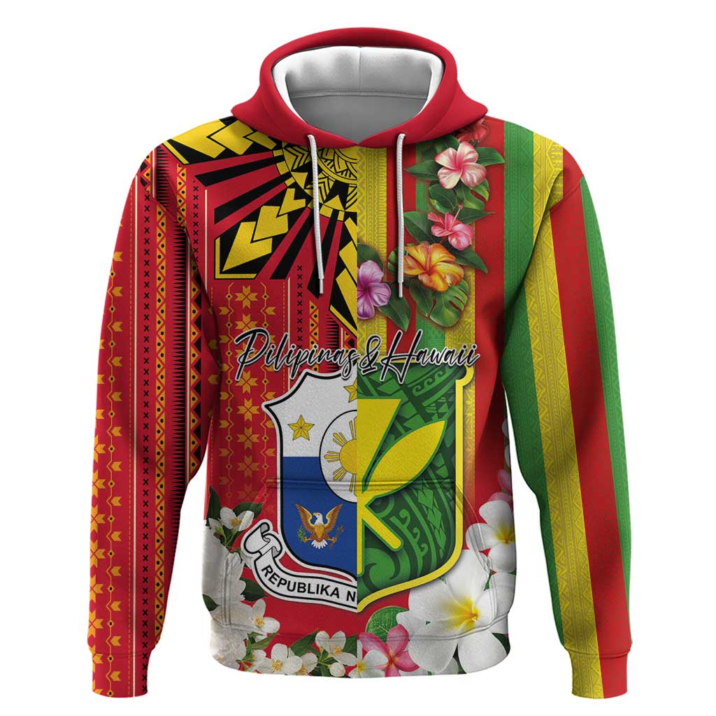 Personalised Hawaii and Philippines Together Hoodie The Emblems with Cultural Symbols Green-Yellow-Red Tricolor