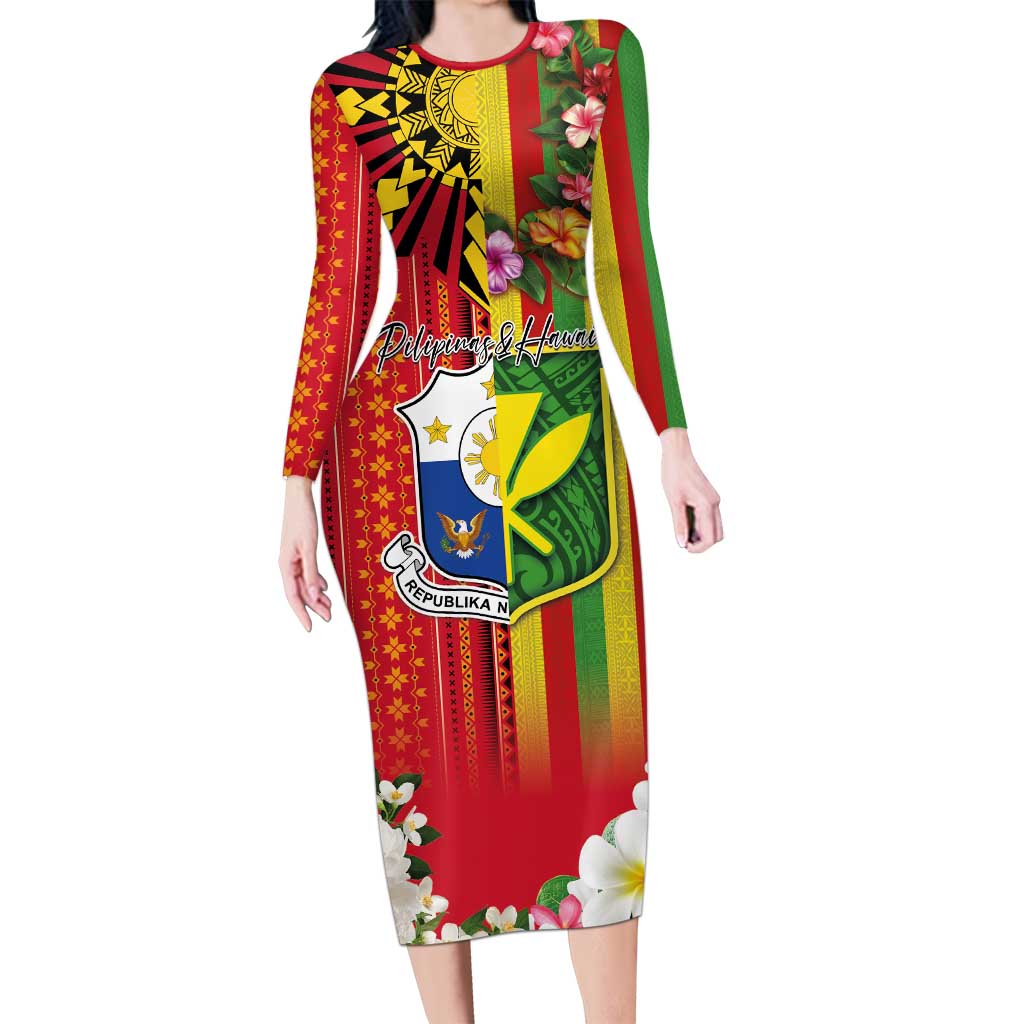 Personalised Hawaii and Philippines Together Long Sleeve Bodycon Dress The Emblems with Cultural Symbols Green-Yellow-Red Tricolor LT03 Long Dress Art - Polynesian Pride