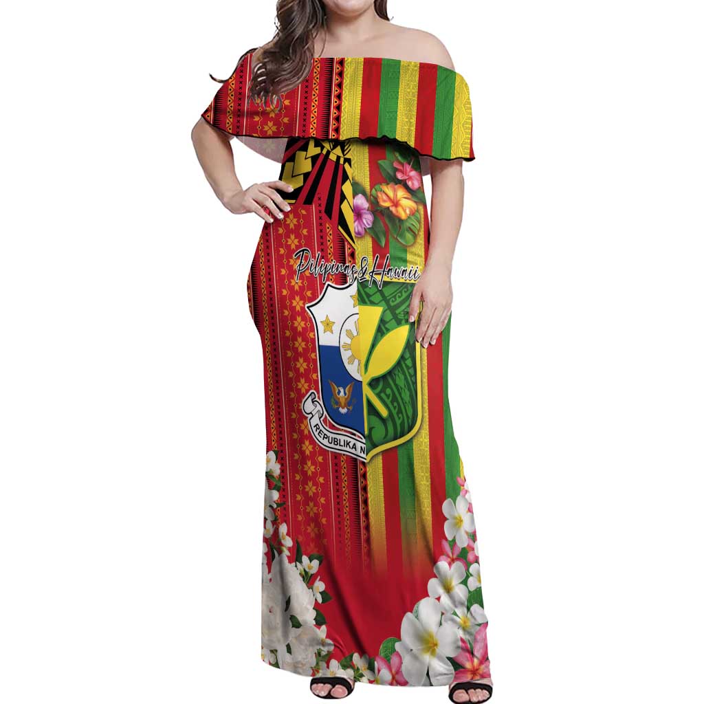 Personalised Hawaii and Philippines Together Off Shoulder Maxi Dress The Emblems with Cultural Symbols Green-Yellow-Red Tricolor LT03 Women Art - Polynesian Pride