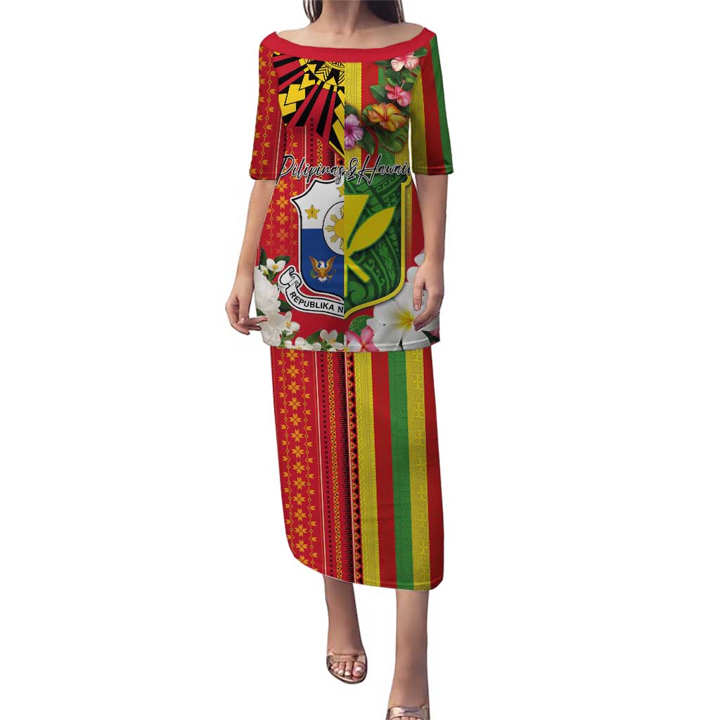 Personalised Hawaii and Philippines Together Puletasi The Emblems with Cultural Symbols Green-Yellow-Red Tricolor LT03 Long Dress Art - Polynesian Pride