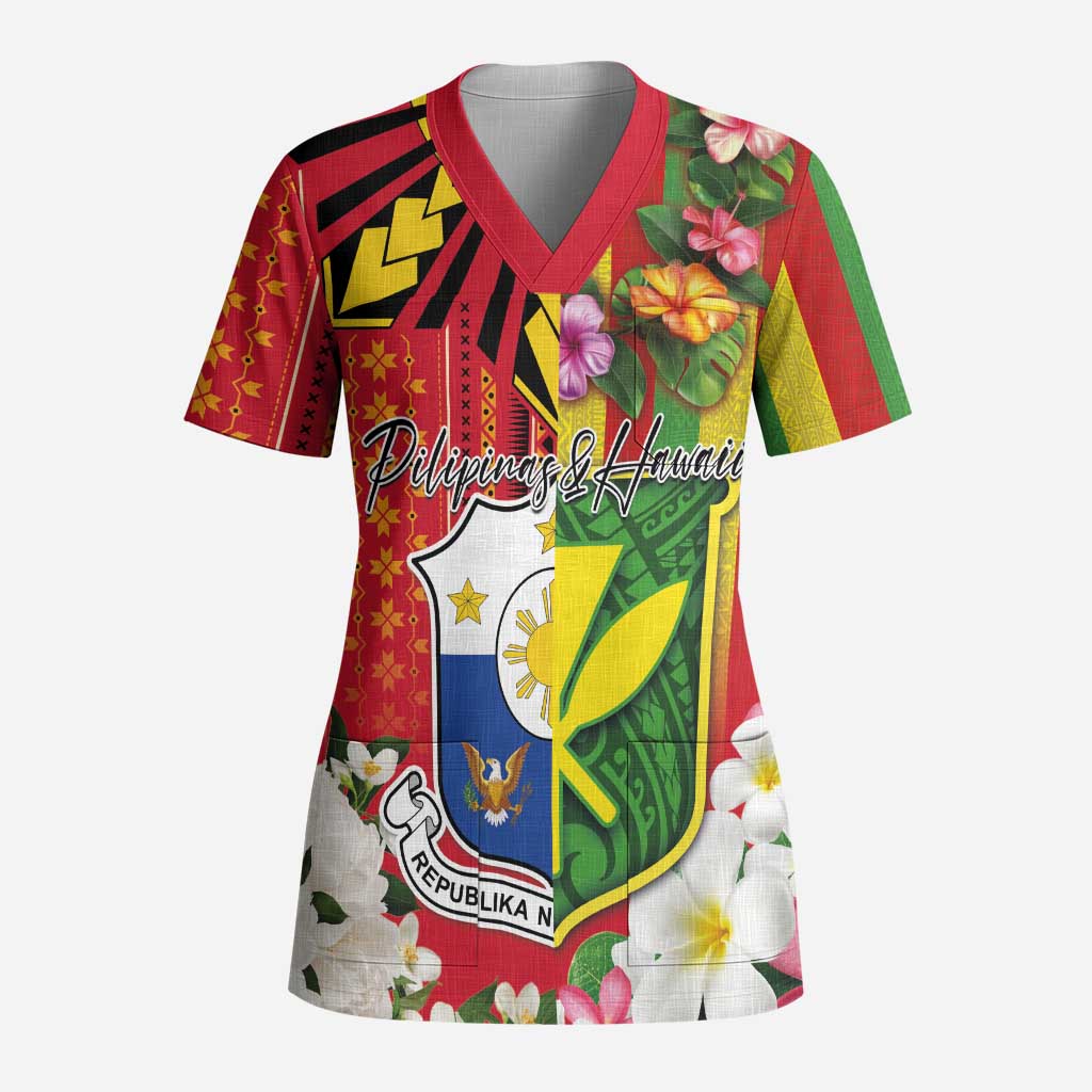 Personalised Hawaii and Philippines Together Scrub Top The Emblems with Cultural Symbols Green-Yellow-Red Tricolor LT03 Adult Art - Polynesian Pride